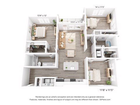 Floor plan for 3 beds, 2 baths, 1325 sqft